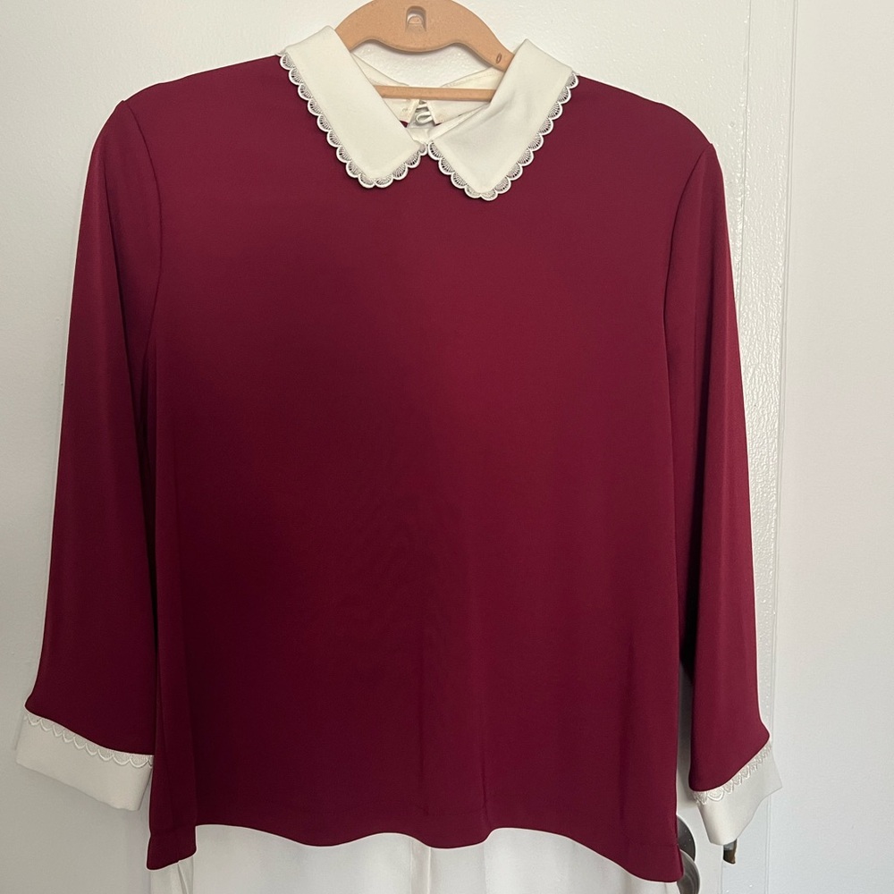 Karl Lagerfeld Maroon Blouse with Ivory Collar